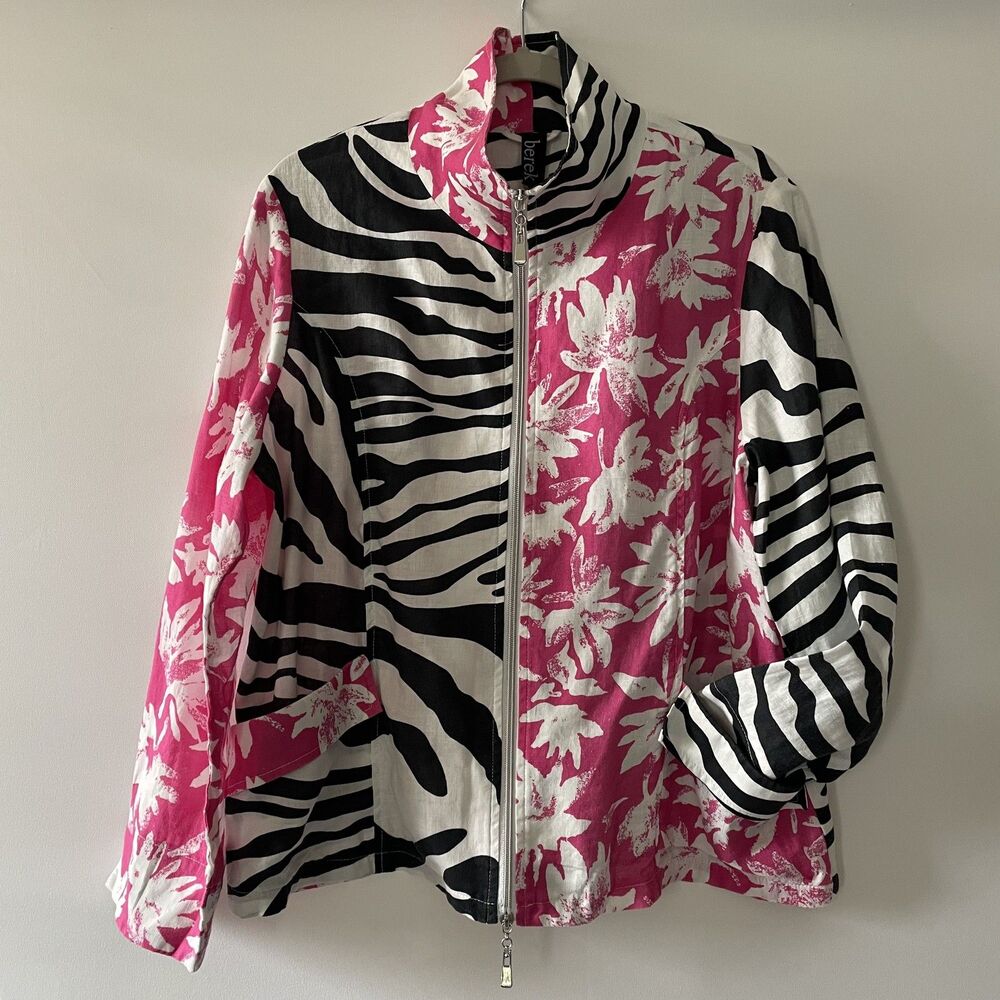 Berek Women's Zebra Floral Pink Black 100% Linen Zip Jacket Size XL-C